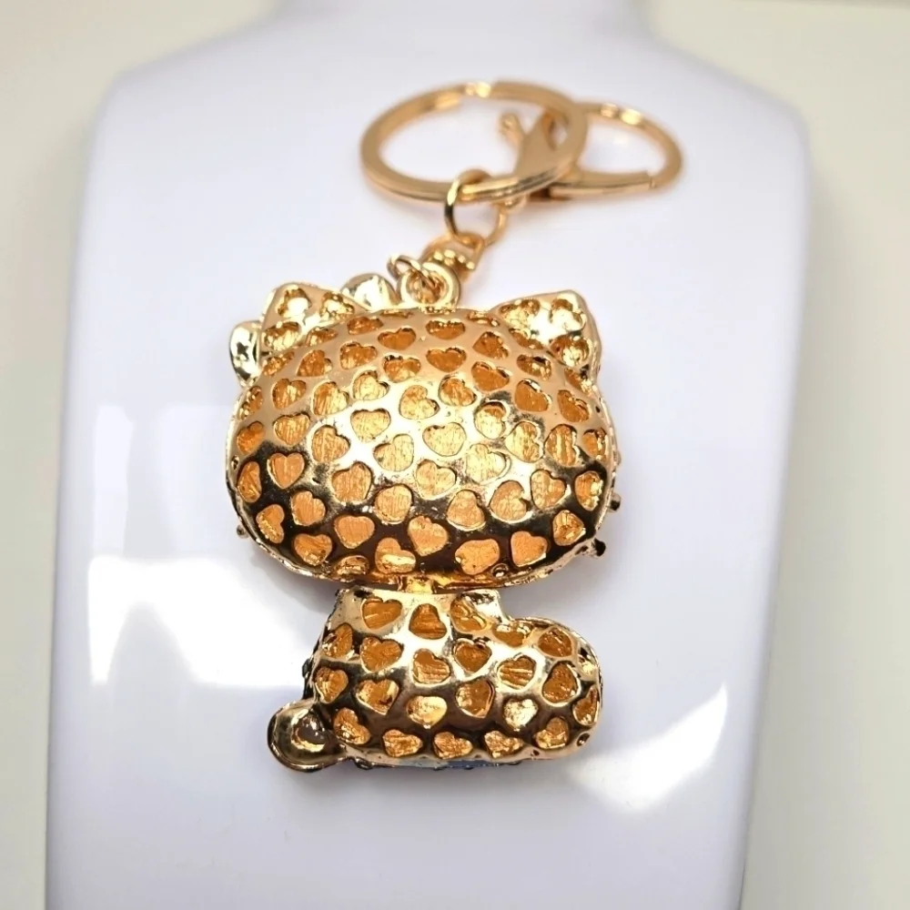 Hello Kitty Rhinestone Keychain Sapphire Blue and Gold Tone